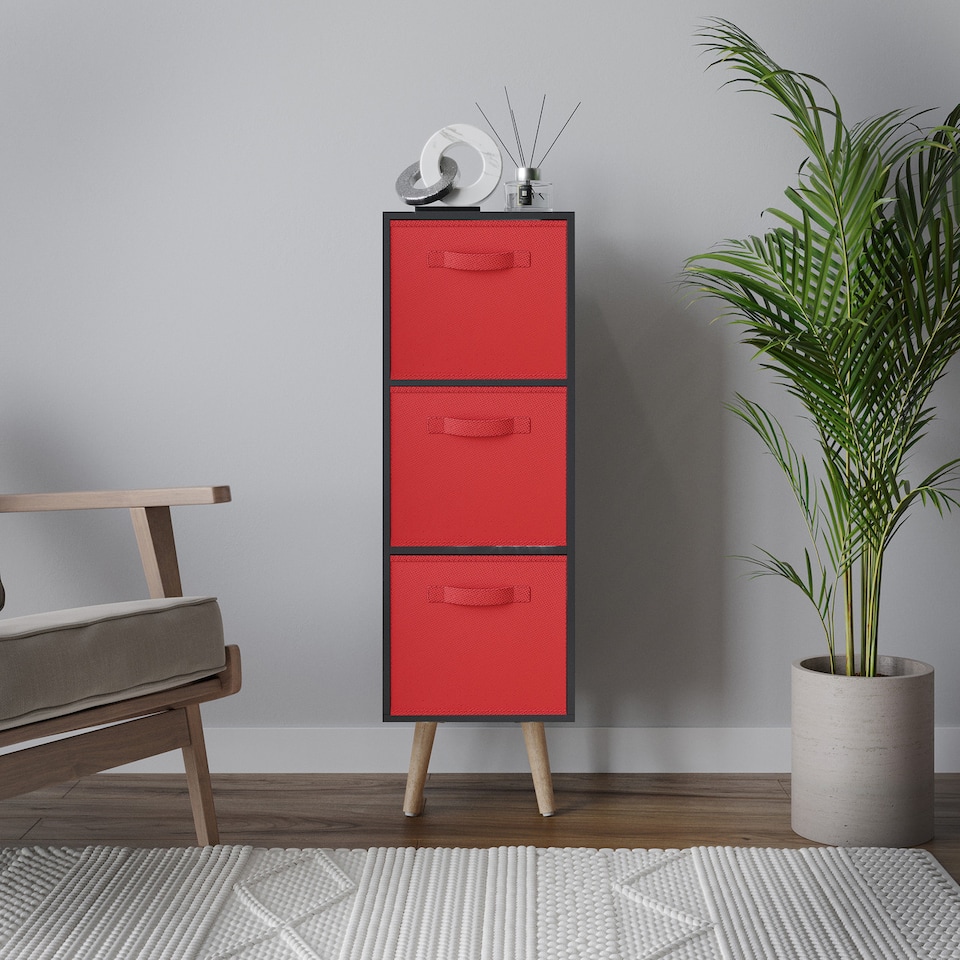 image 1 of Black 3-Tier 3-Drawer Cube Shelving Unit with Scandinavian Legs | Red | Red & Beech | 1