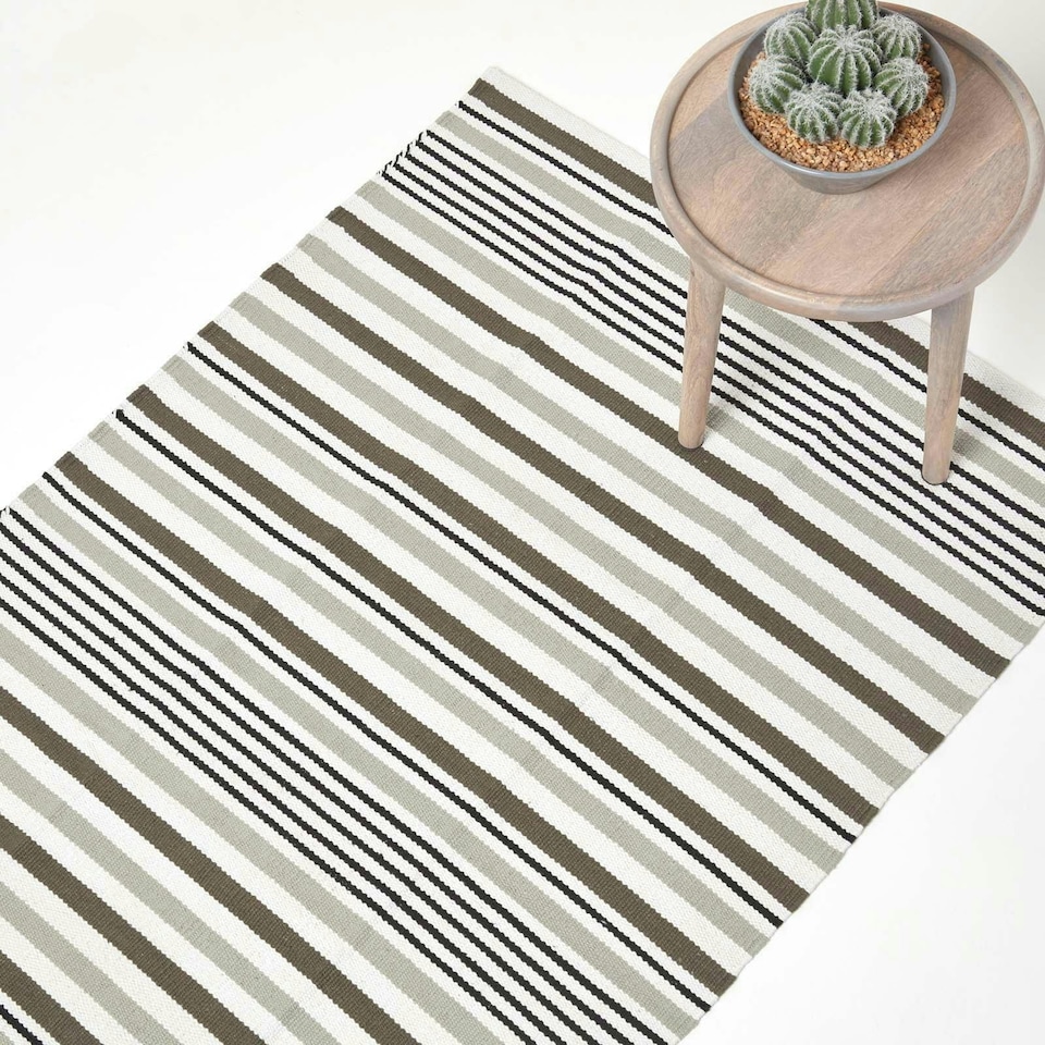 image 1 of Homescapes Modern Black Grey Scandinavian Style Striped Cotton Rug - 150 x 240 cm | Grey | Black grey