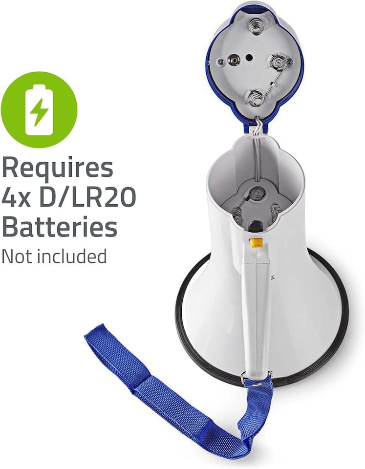 image 1 of NEDIS 10W Megaphone, 250m Range with Built-in Microphone, Siren, Adjustable Volume, Record Function - White & Blue