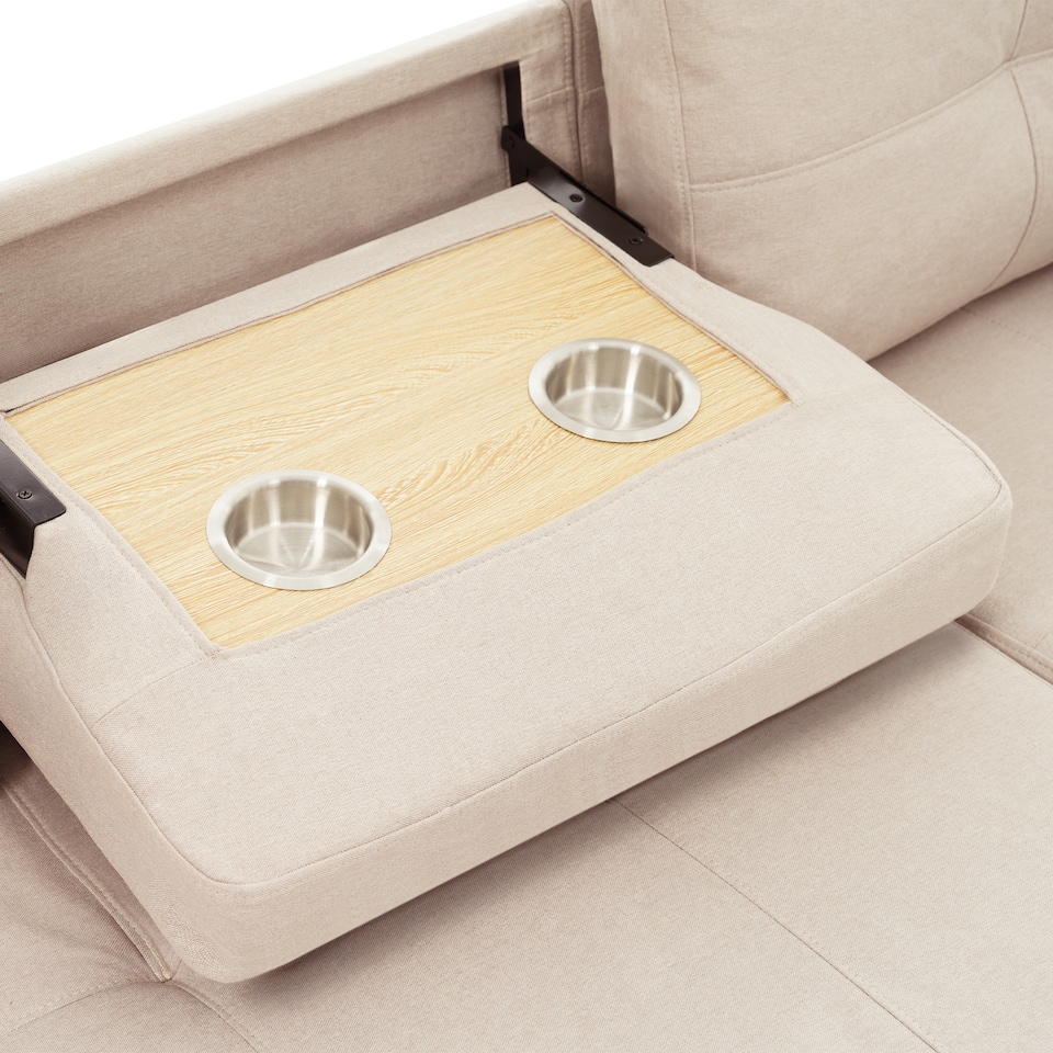 image 1 of FENCHILIN Sofa Bed with Pull-Out Sleeper Reversible Chaise Drop-Down Cup Holder Side Pockets Beige