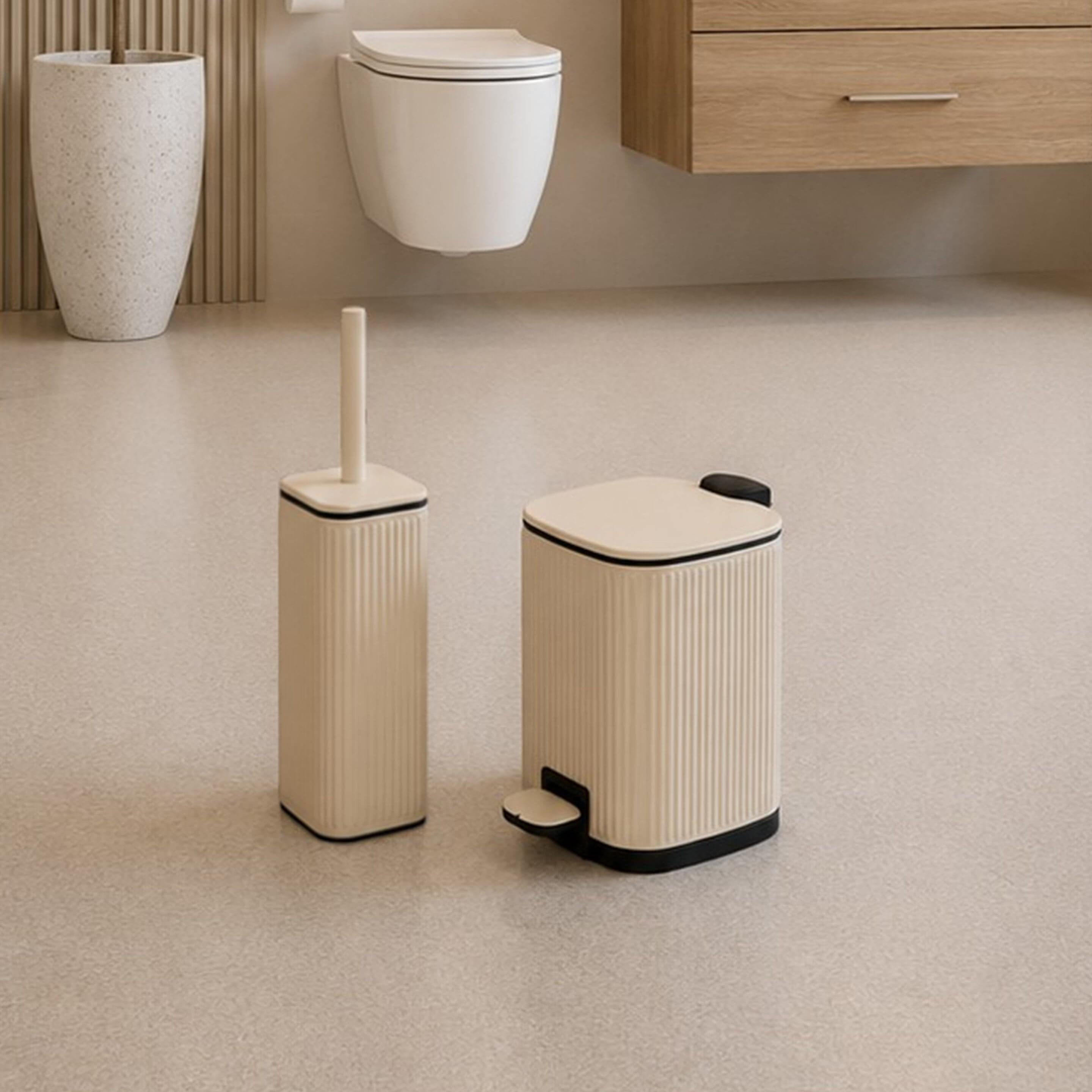 Showerdrape Targa Square Ribbed Toilet Brush & 3L Pedal Bin in Beige