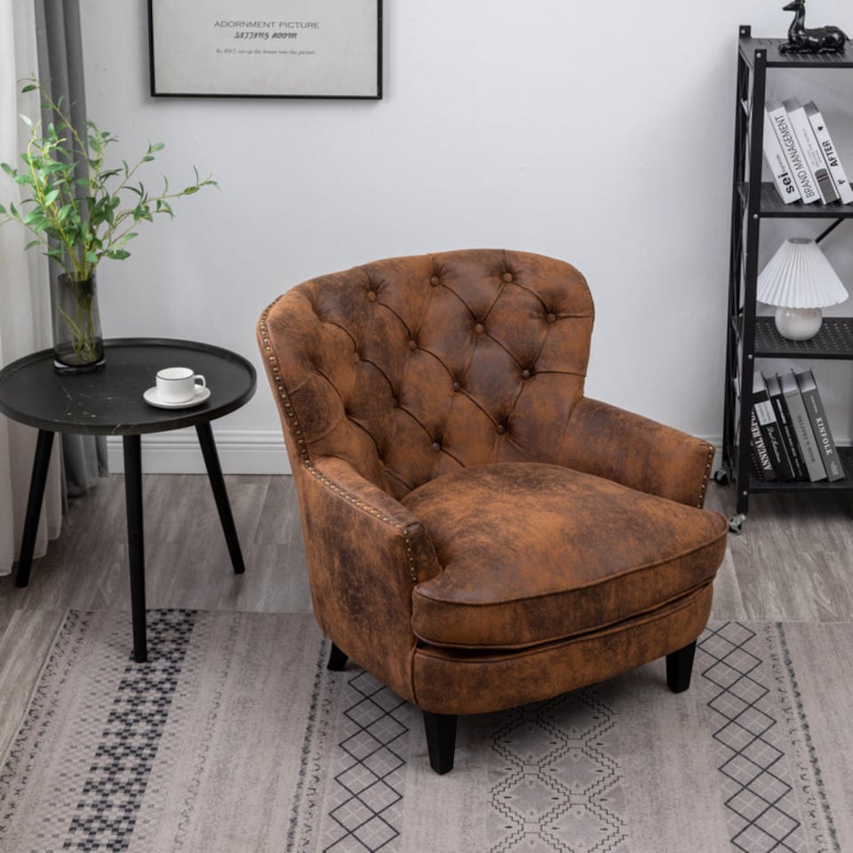 image 1 of Faux Leather Suede Brown Buttoned Ava Accent Chair