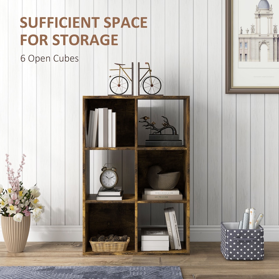 image 1 of HOMCOM 6-Cube Bookshelf, Modern Freestanding 3-Tier Bookcase, Display Shelving Unit for Living Room, Bedroom, Home Office, Study, Rustic Brown