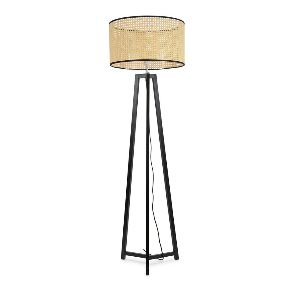 image 1 of ValueLights Lottie Black Wood Tripod Floor Lamp with Natural Cane Drum Shade