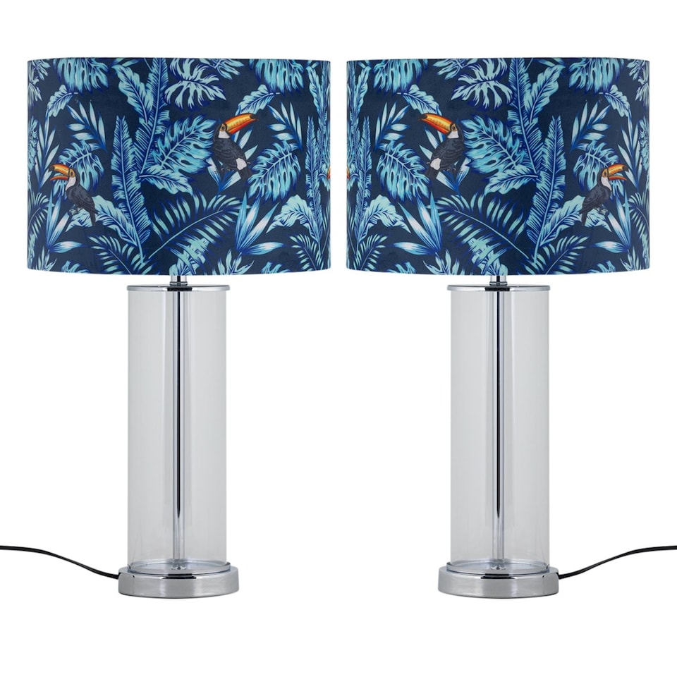 image 1 of Set of 2 Aura - Chrome Table Lamps with Toucan Velvet Shades | Chrome | Multi | Large | 2