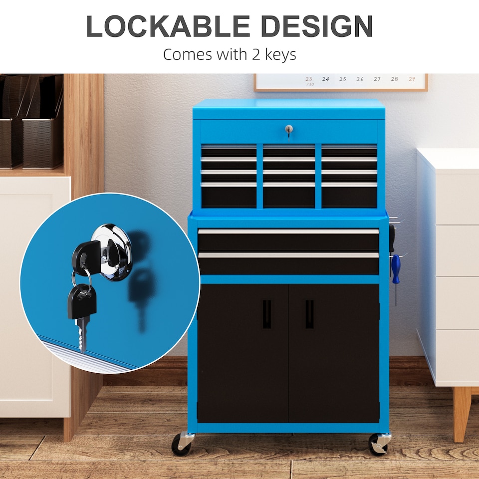 image 1 of HOMCOM Tool Chest, Metal Tool Cabinet on Wheels with 6 Drawers, Pegboard, Top Chest and Roller Cabinet Combo, 61.6 33 108cm, Blue | Blue | Black | 1