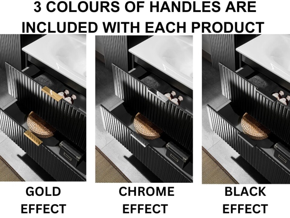 image 1 of Bathroom Vanity Unit Countertop 600mm Ribbed Textured Black Wall Hung Floating Cabinet - Adel