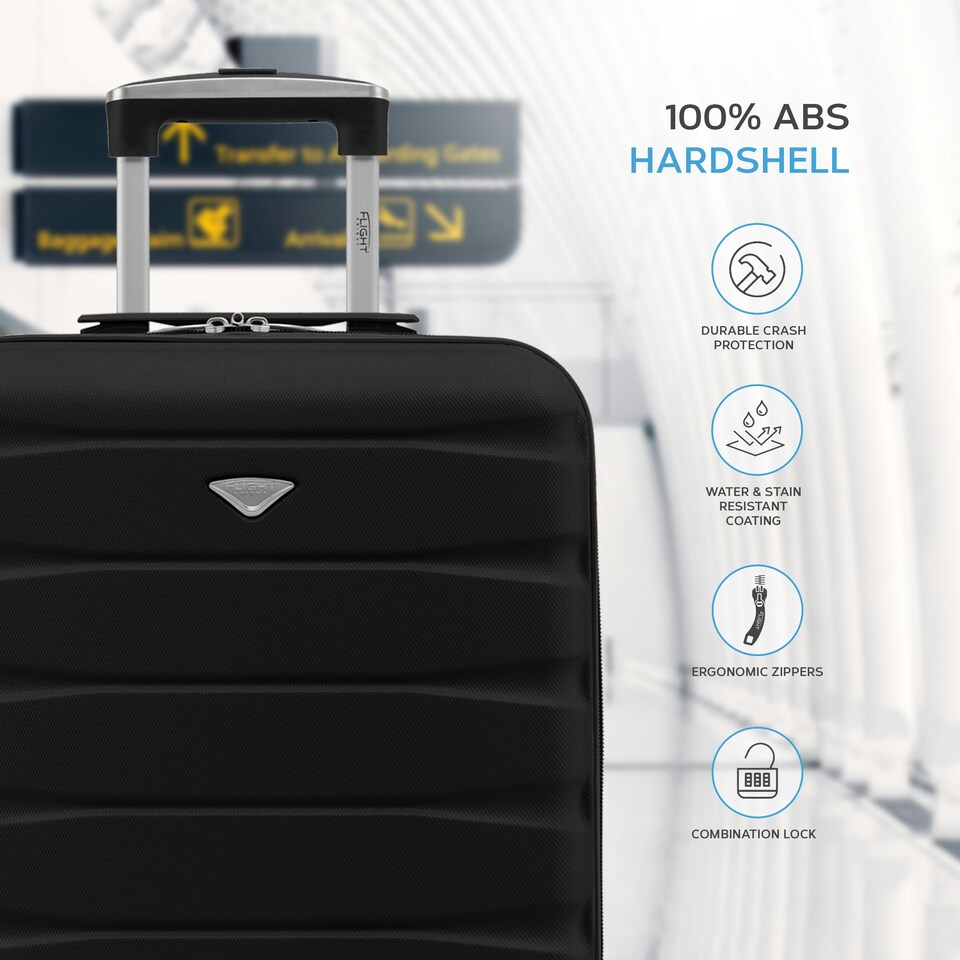 image 1 of Flight Knight Cabin Suitcase 56x36x23cm - 30+ Airlines Approved - British Airways, EasyJet- Lightweight 4 Wheel Carry On Hard Shell Hand Luggage Black | Cabin Bag