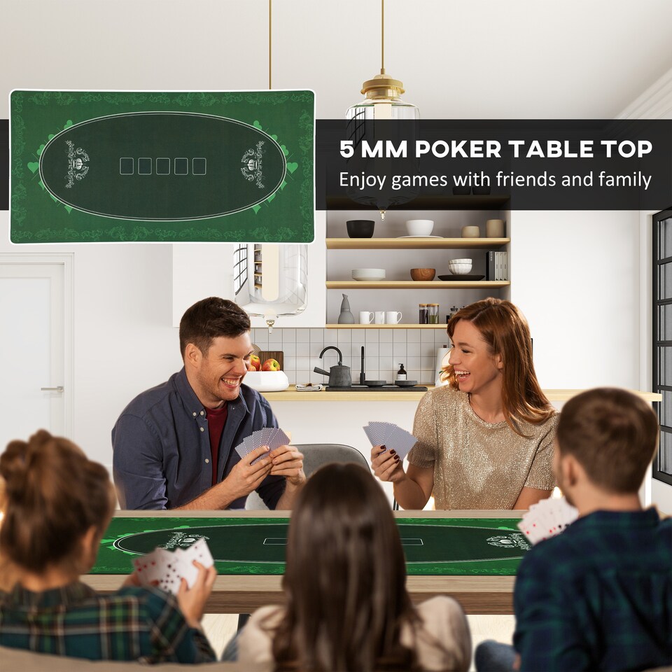 image 1 of SPORTNOW 120 x 60 cm Professional Texas Hold'em Poker Mat 6 Player Water-Resistant Poker Table Top Rubber Poker Table Mat with Felt Surface Carry Bag, Green