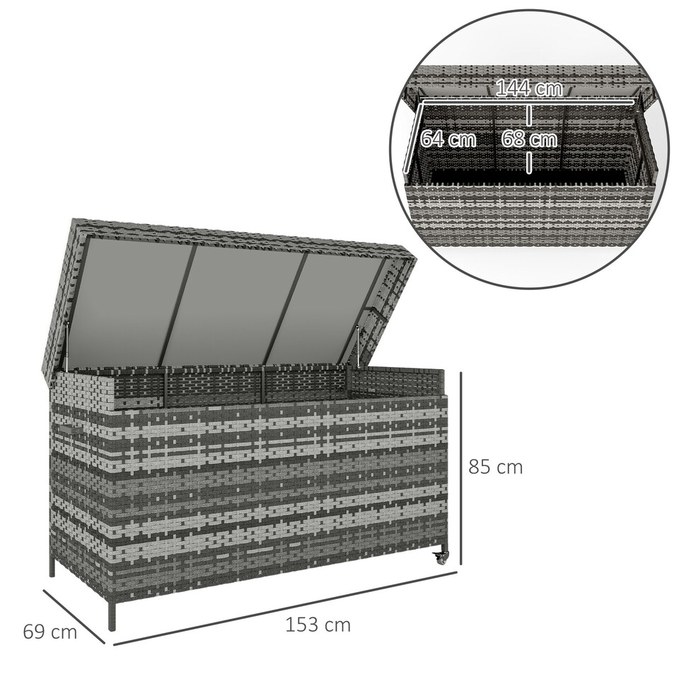 image 1 of Outsunny 627 L Rattan Garden Storage Box with Gas Lift Lid and Wheels Grey | Dark Grey | 153 x 69 x 85 cm