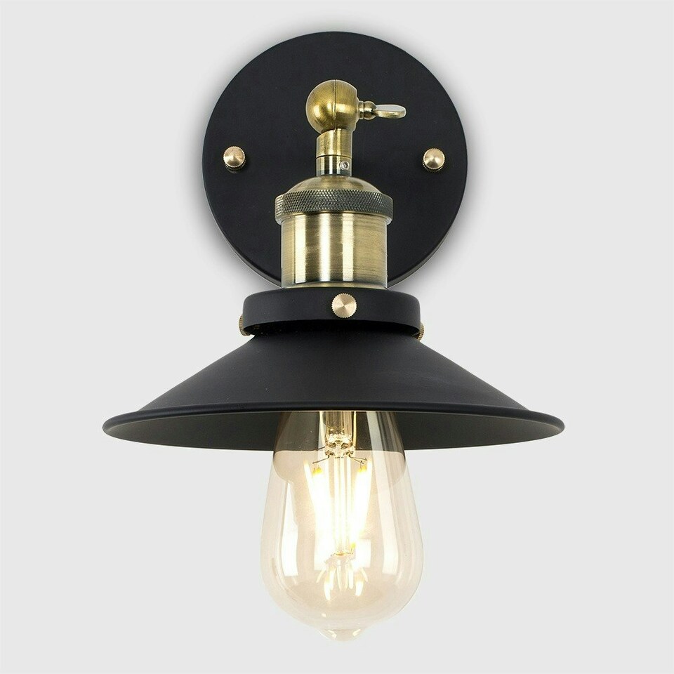 image 1 of ValueLights Pair Of Industrial Style Black And Antique Brass Wall Lights