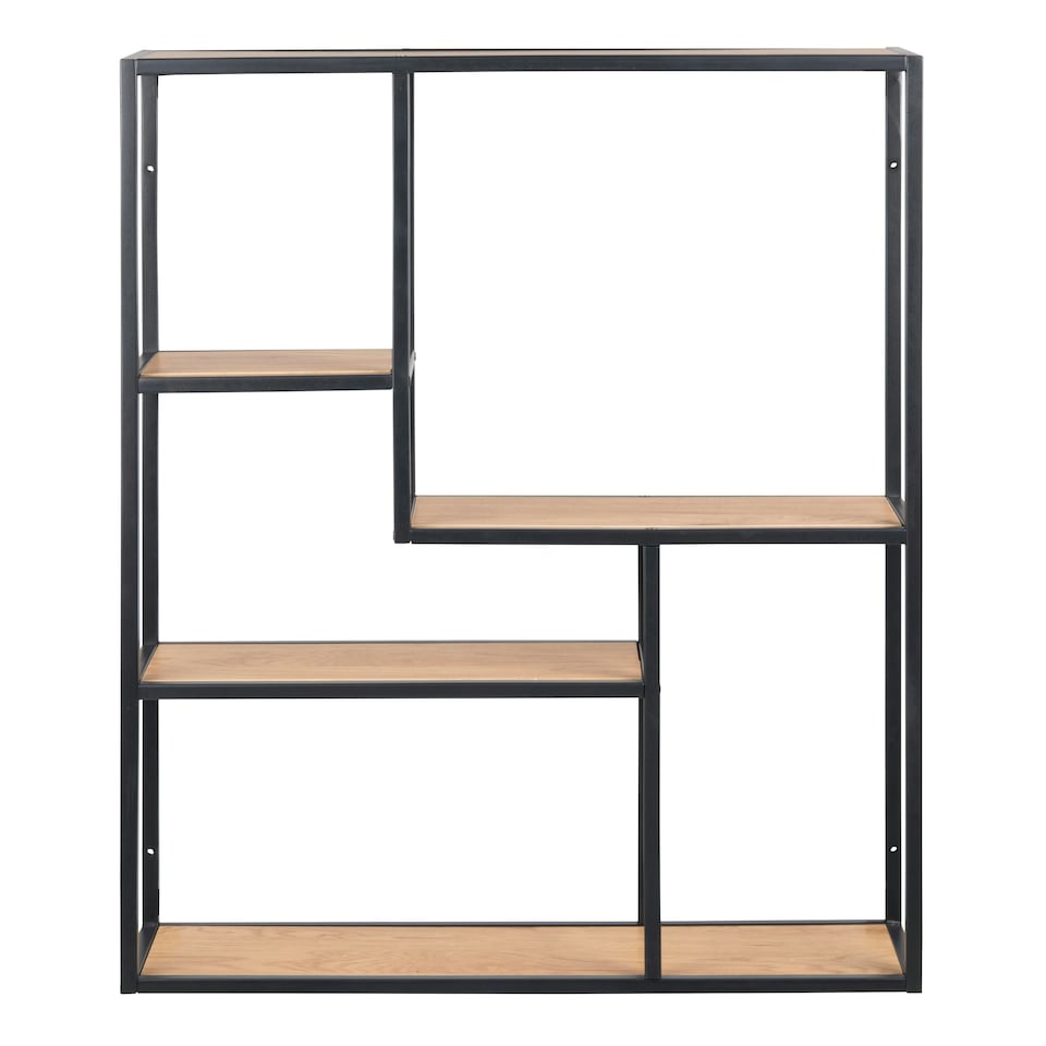 image 1 of Seaford Black Metal Wide Wall Shelf with 3 Additional Oak Shelves
