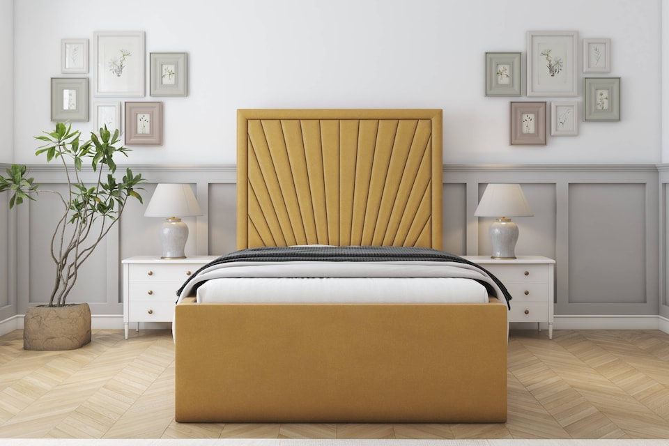 image 1 of Sloomy Somerset Mustard Plush Bed Frame With Mattress With 50" Upholstered Headboard 5' King