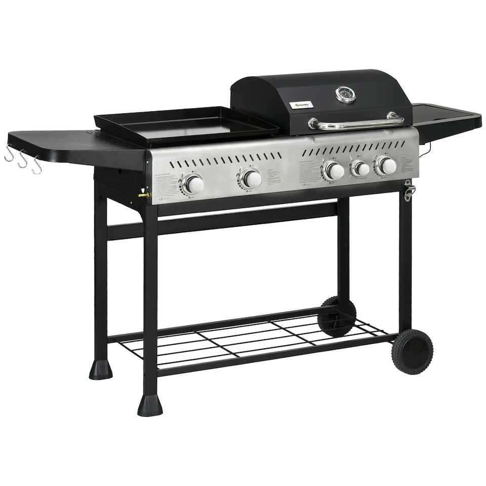 image 1 of Outsunny Gas Grill and Plancha with 12 kW 4+1 Burners for Garden Party