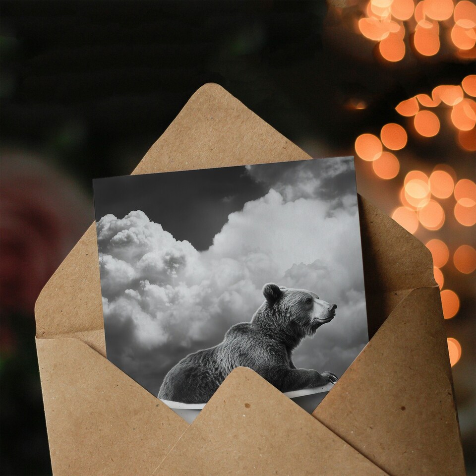 image 1 of Surreal Bear in Bathtub Black White Bath Time Birthday Greeting Card