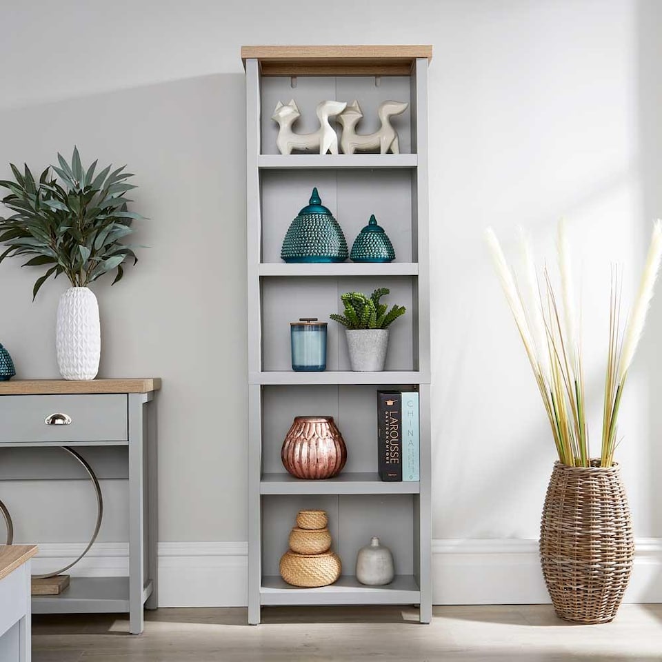 image 1 of Grey Oak Tall Bookcase Display Unit 5 Bookshelves DVD Storage Two Tone