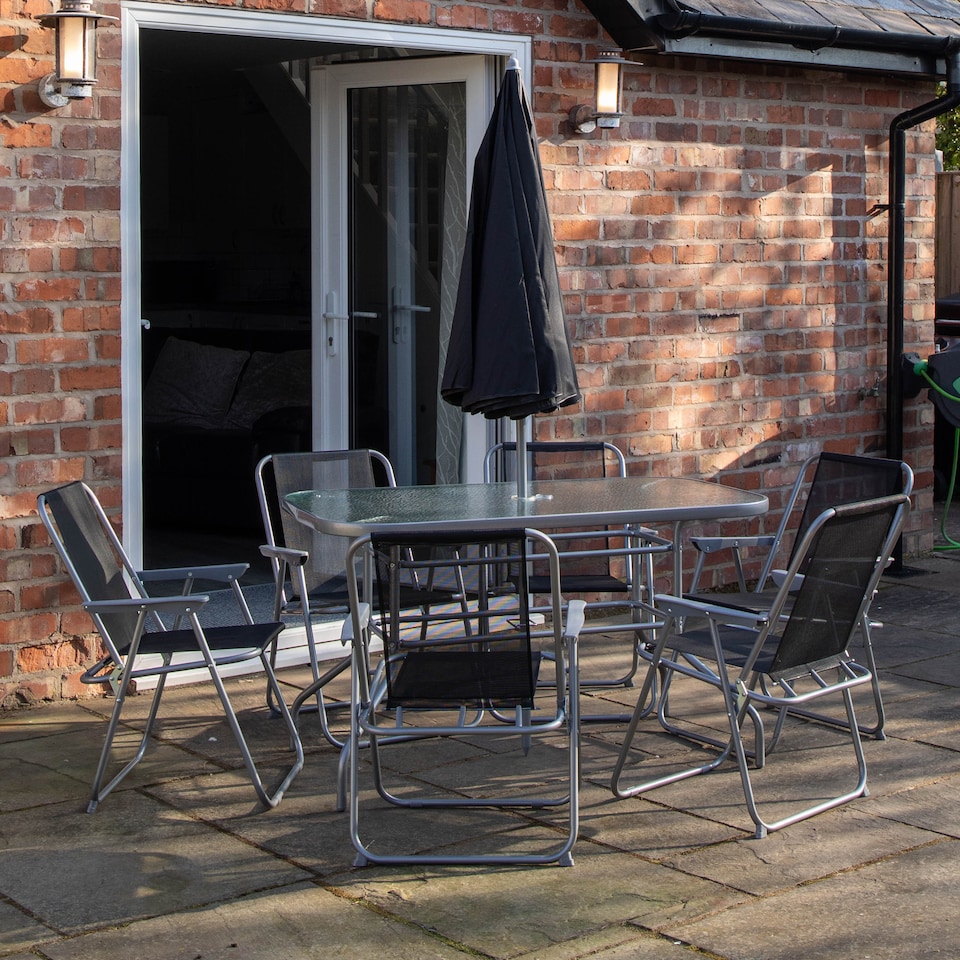 image 1 of 6 Person Garden Furniture Patio Set Table, 6 Chairs & Parasol