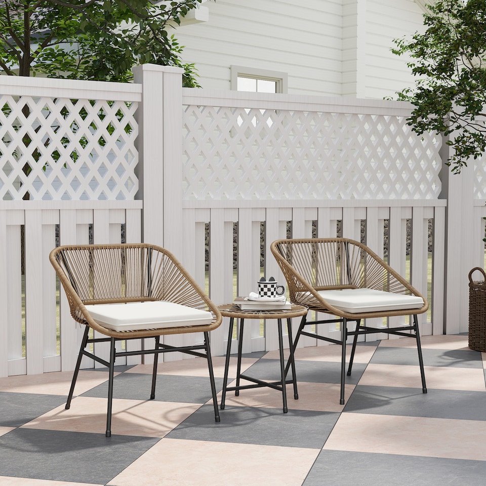 image 1 of Outsunny Rattan Bistro Set, Small Balcony Furniture with Cushion, Light Grey