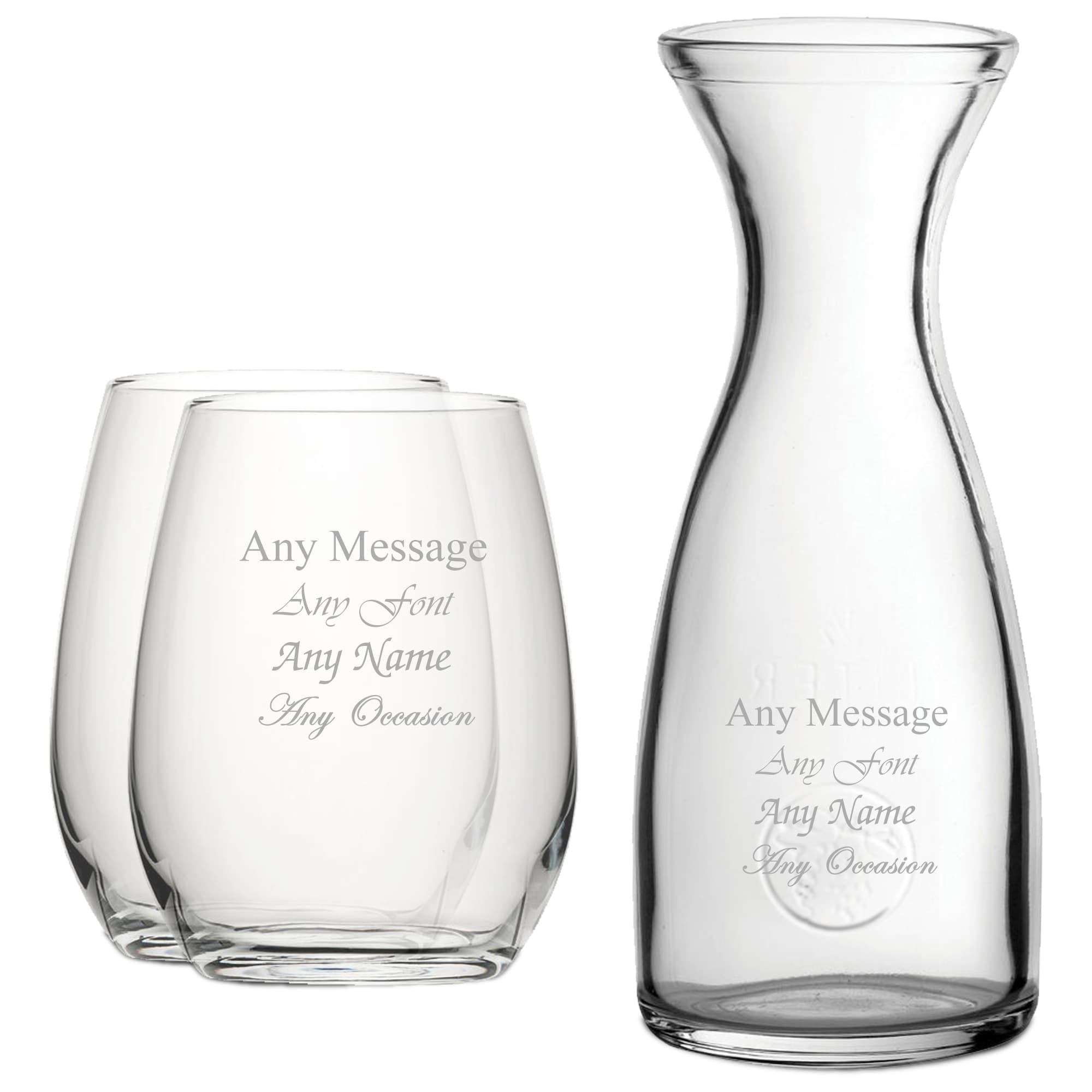 Personalised Engraved Set of 2 Stemless Wine Glass 1 Litre Carafe Set