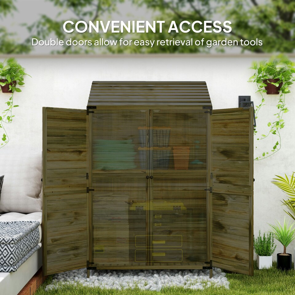 image 1 of Outsunny Wooden Garden Storage Shed w/Double Doors and Shelves, Green Green