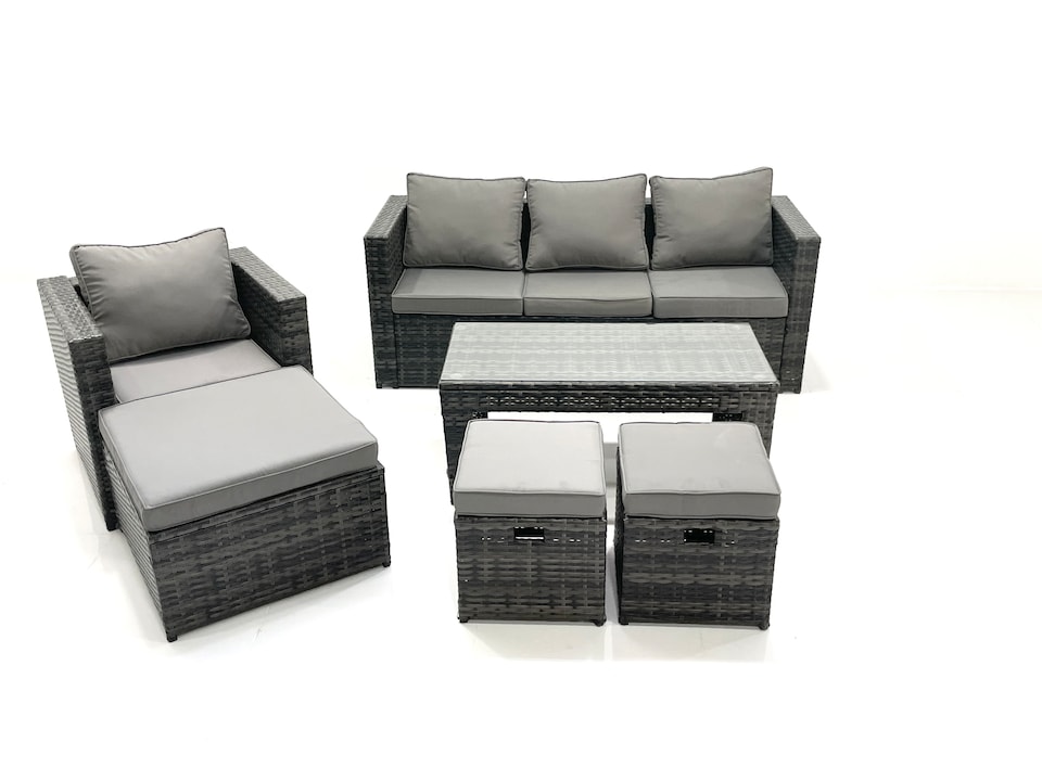 image 1 of Fimous Rattan Garden Furniture Set Outdoor Lounger Sofa with Coffee Table Armchair 3 Footstools Dark Grey Mixed