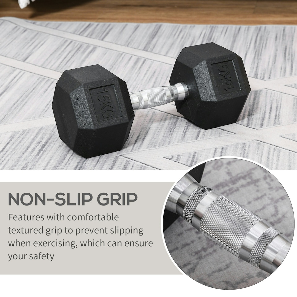 image 1 of HOMCOM 15KG Single Rubber Hex Dumbbell Portable Hand Weights for Home Gym
