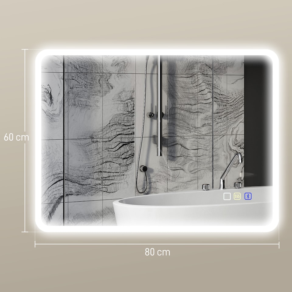 image 1 of HOMCOM 600  800 mm Backlit Illuminated Bathroom Mirror with LED Lights and Bluetooth, Wall Mounted Vanity Mirror with 3 Colours Dimmable, Anti-Fog, Memory Function, Touch Switch, IP44 | Silver | 1