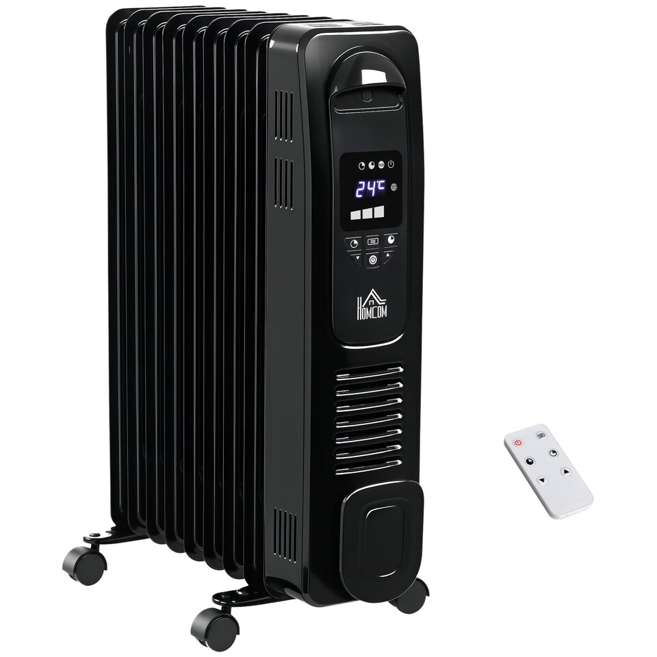 image 1 of HOMCOM 2000W Digital Oil Filled Radiator, 9 Fin, Portable Electric Heater with LED Display, 24-Hour Timer, 3 Heat Settings, Safety Cut-Off and Remote Control, Black