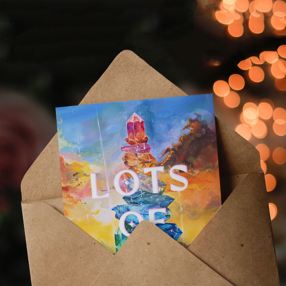 image 1 of Seven Chakra Cystal Sunset Sky Mountain Landscape Good Luck Card