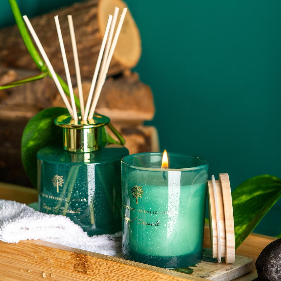 image 1 of Nicola Spring Scented Candle & Reed Diffuser Set - 130g - Sage & Seasalt | Green | Green