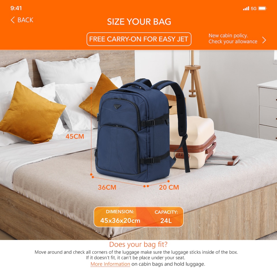 image 1 of Flight Knight Underseat Backpack 45x36x20cm easyJet Free Carry On for Travelling USB Port Padded Comfortable Backpack - Carry On Luggage - Navy | Blue | Navy | 1