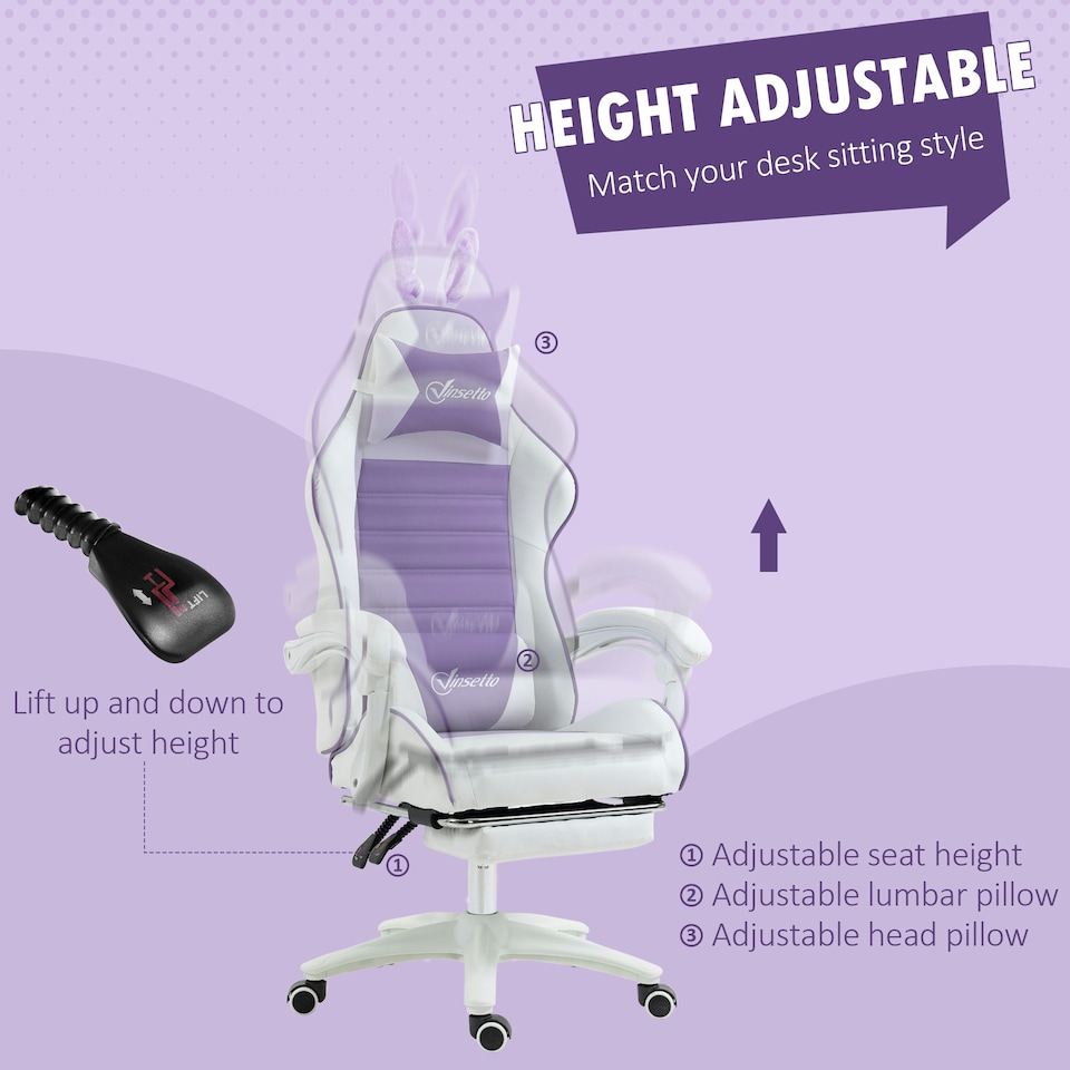 image 1 of Vinsetto Racing Style Gaming Chair with Footrest Removable Rabbit Ears, Purple