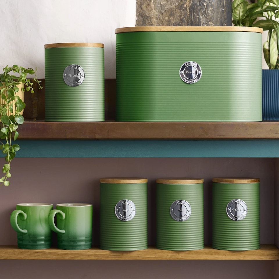 image 1 of Cooks Professional 5 Piece Ribbed Tea Coffee Sugar Bread & Biscuit Cannisters with Labels | Green | Green & Silver