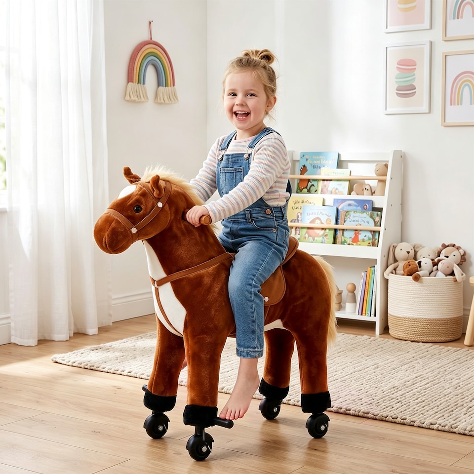 image 1 of HOMCOM Kids Walking Ride on Horse Toy Plush Walk Pony with Wheels Sound