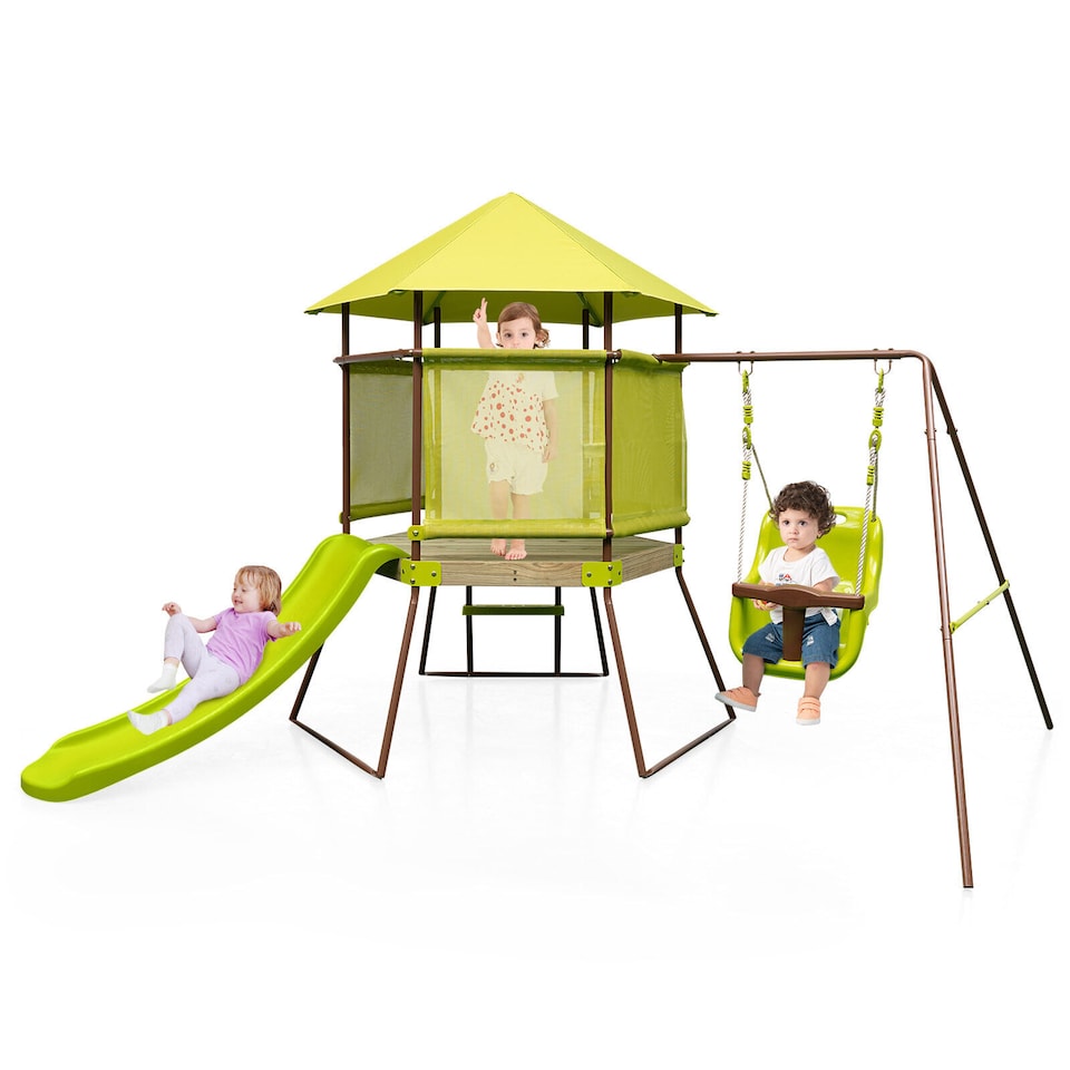 image 1 of COSTWAY 4-in-1 Toddlers Swing Set Outdoor Metal Playset Kids Backyard Playground