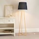 image 1 of ValueLights Lottie Natural Wood Tripod Floor Lamp with Black Fabric Tapered Shade and LED Bulb