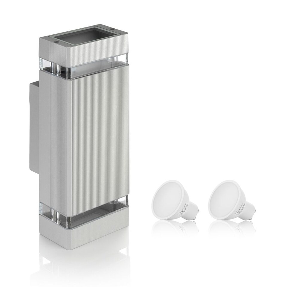 image 1 of Auraglow Outdoor Double Up & Down Wall Light - CHILTON | Silver | Silver/Warm White