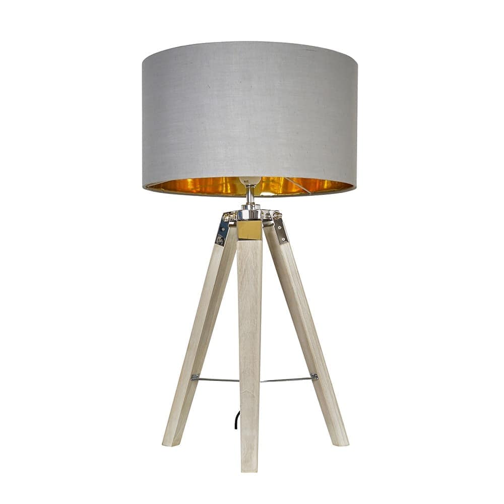 ValueLights Clipper Light Wood Tripod Table Lamp Grey Gold Shade