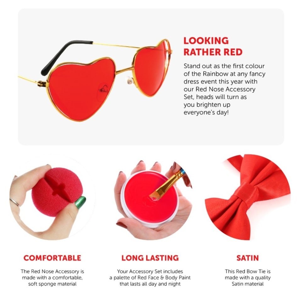 image 1 of Red Nose Accessory Set - Nose, Glasses, Bow Tie & Face Paint Red | One Size