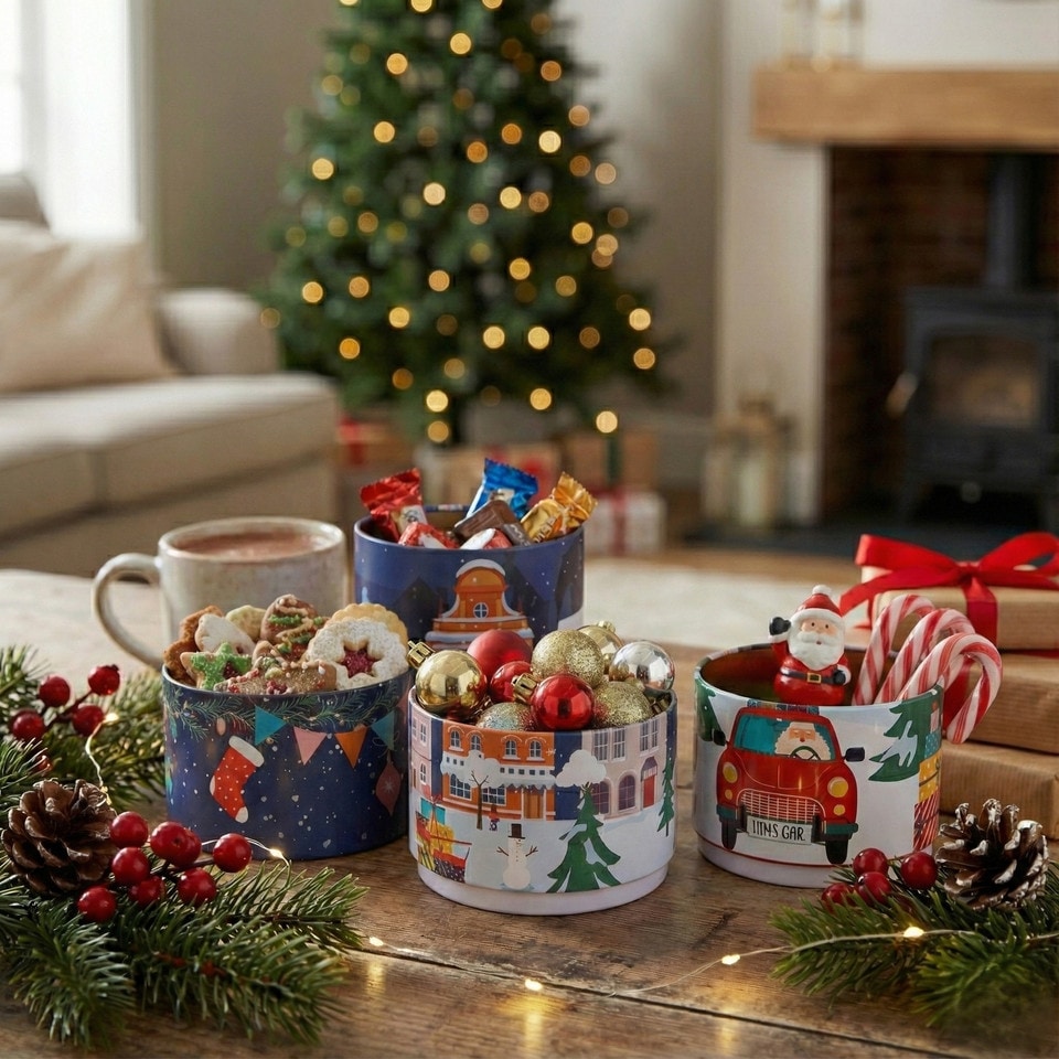 image 1 of Christmas Metal Storage Mini Tins Set Nesting Stacking Containers Festive Design | Multi | Blue