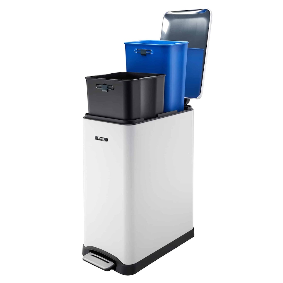 image 1 of Cooks Professional Slimline Dual Recycle Pedal Bin 50L - 2 Compartments & Soft Close Lid | White