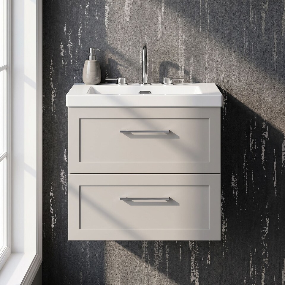 image 1 of Balterley Stonnall Traditional Wall Hung 2 Drawers Vanity Unit with 3 Tap Hole Fireclay Basin, 600mm, Pebble Grey