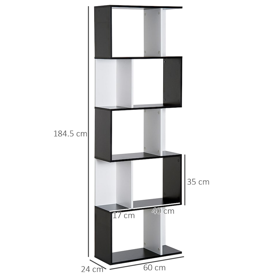 image 1 of HOMCOM Bookcase, S-Shaped Wooden Bookshelf, 5 6 Tiers Freestanding Storage Shelf, Home Office Decorative Display Stand Rack, Black and White, 24D x 60W x 184.5H
