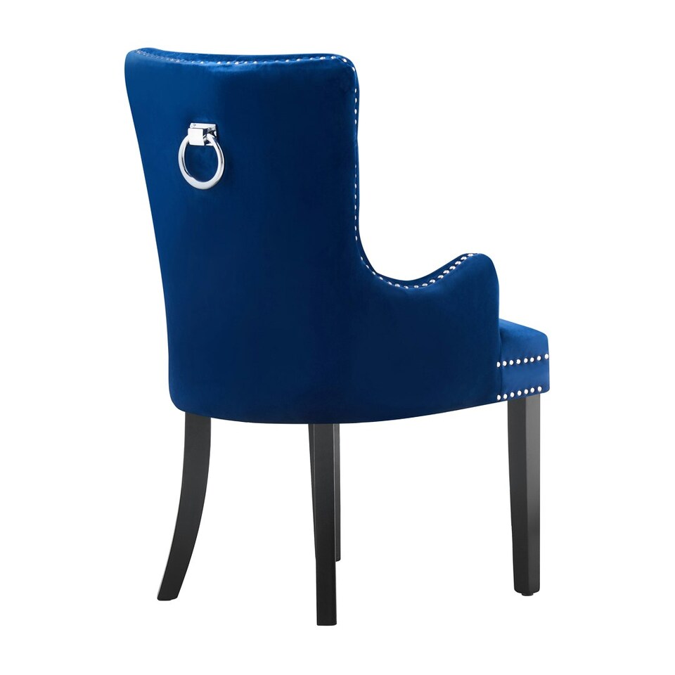 image 1 of Single Velvet Dining Chair with Armrest, Ergonomic Scoop Knockerback & Button Tufted Wood Legs Blue