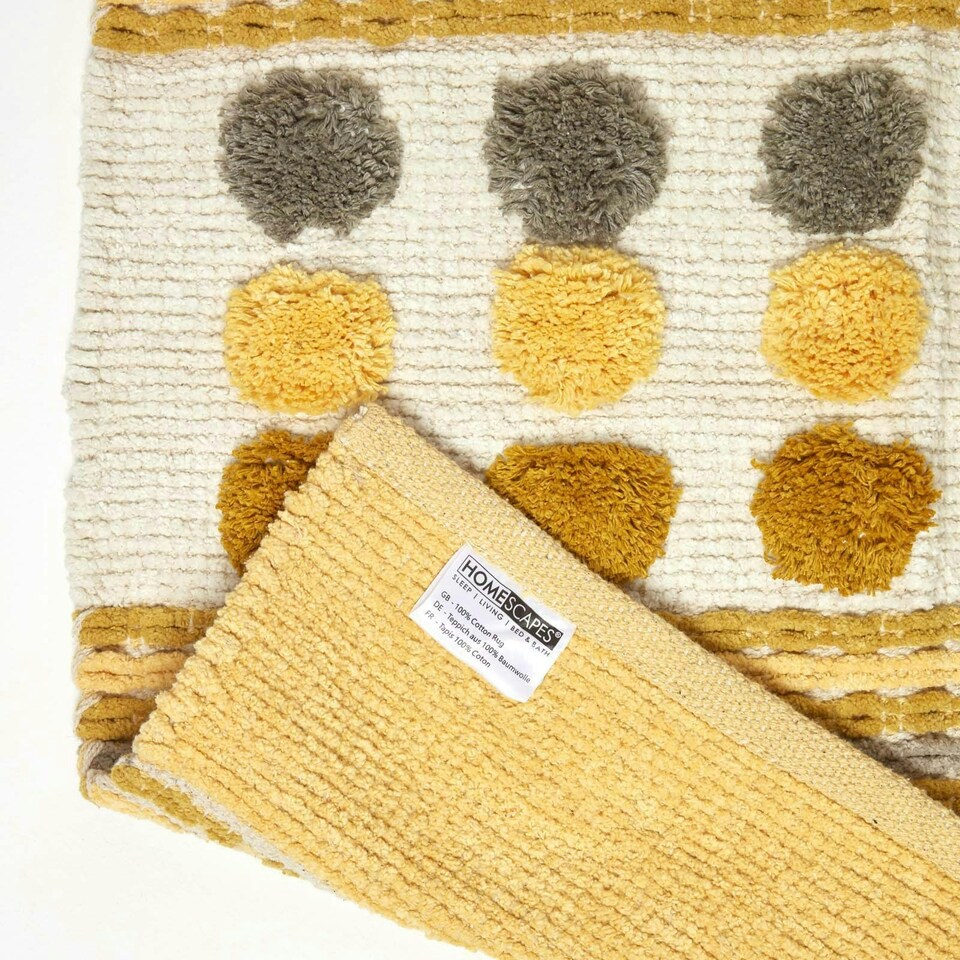 image 1 of Homescapes Cotton Chenille Striped Tufted Circle Runner Grey Mustard Yellow - 66 x 200cm Yellow | 66 x 200 cm