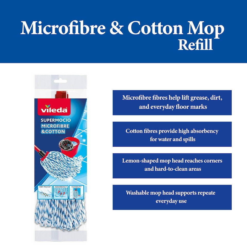 image 1 of Vileda SuperMocio Microfibre Cotton Mop Refill Replacement Floor Cleaning Head