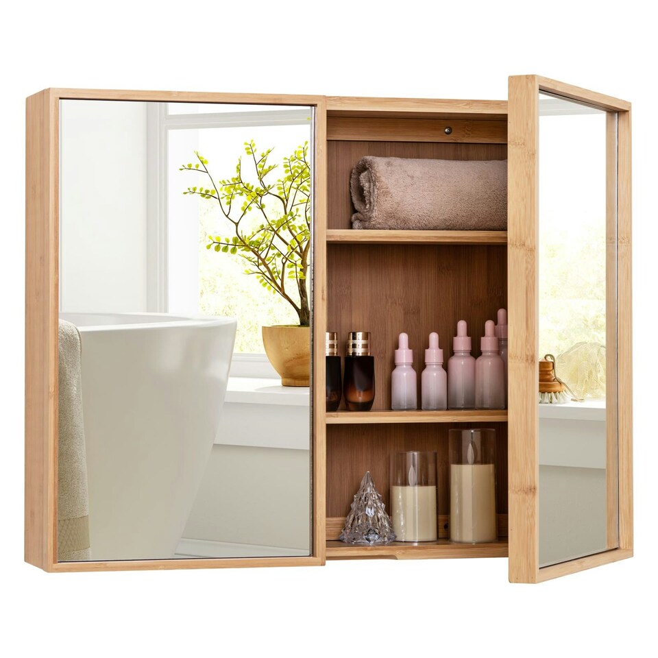 image 1 of COSTWAY Bathroom Wall Cabinet Double Door Medicine Storage Brown