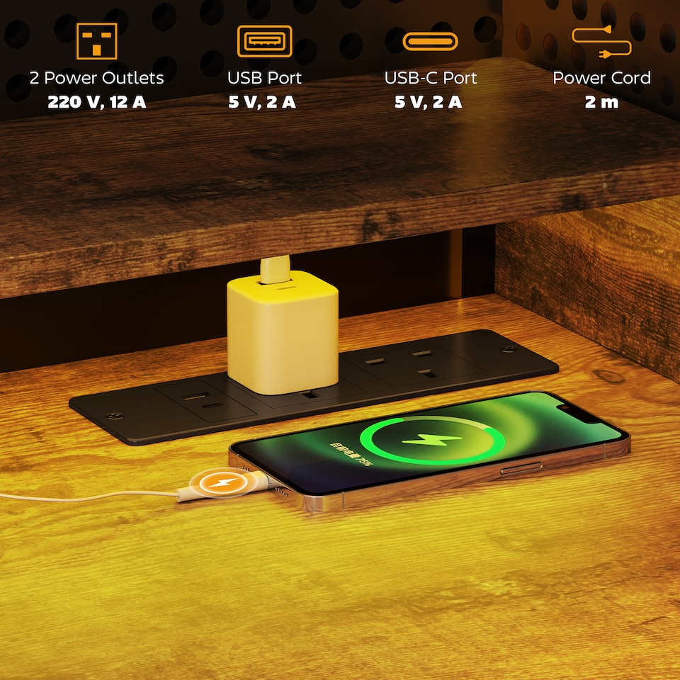 image 1 of HOMCOM Computer Desk with LED Lights and Power Outlets, 120 x 55 cm Gaming Desk with Monitor Stand, Sliding Keyboard Tray and Storage Shelves for Home Office, Rustic Brown | Brown