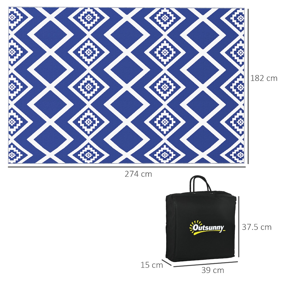 image 1 of Outsunny Reversible Waterproof Outdoor Rug W Carry Bag, 182 x 274cm, Brown | Blue | Blue and White | 182 x 274 x 0.3cm