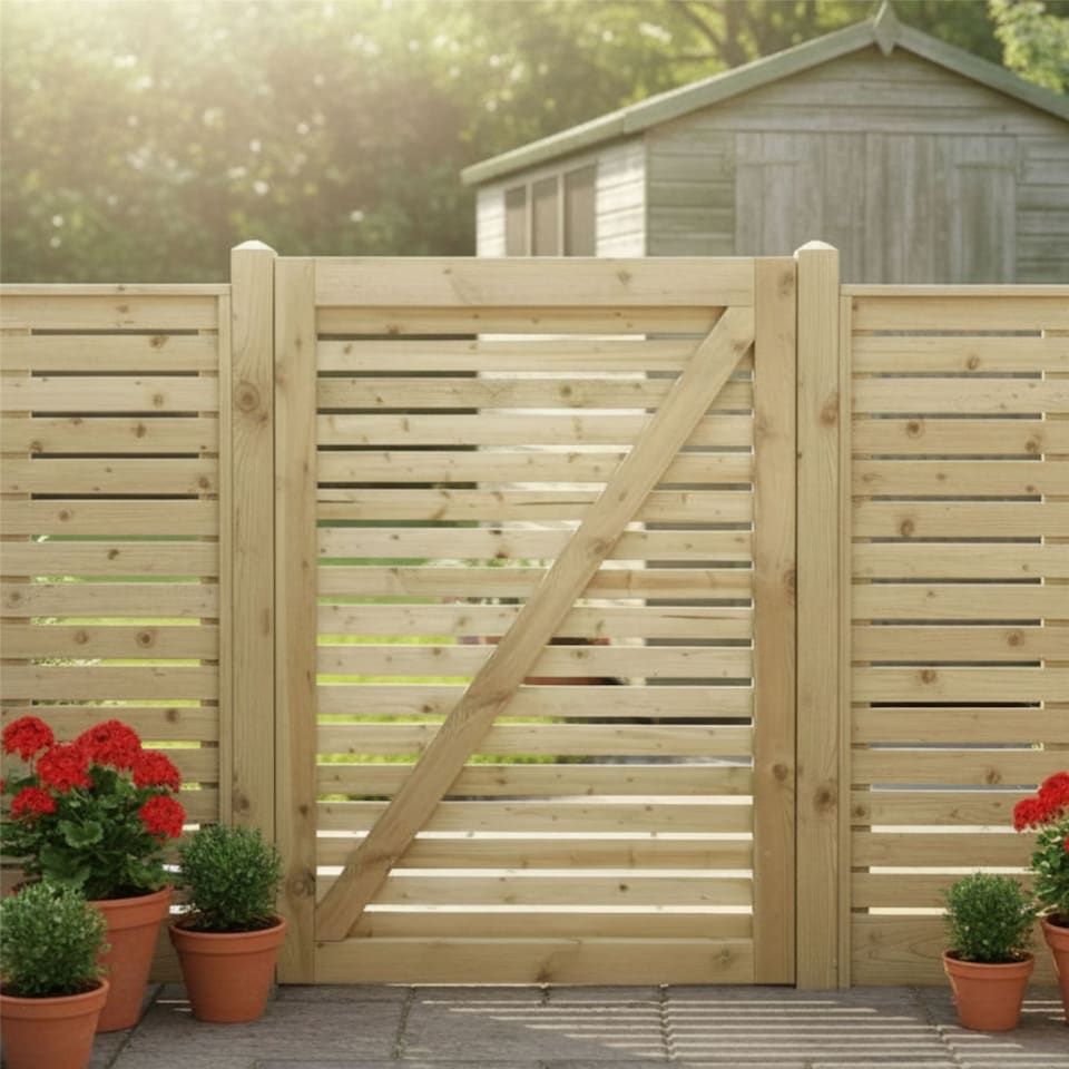 image 1 of Roma Slatted Garden Gate 4ft x 3ft Treated Wooden Decorative Venetian-Style Door